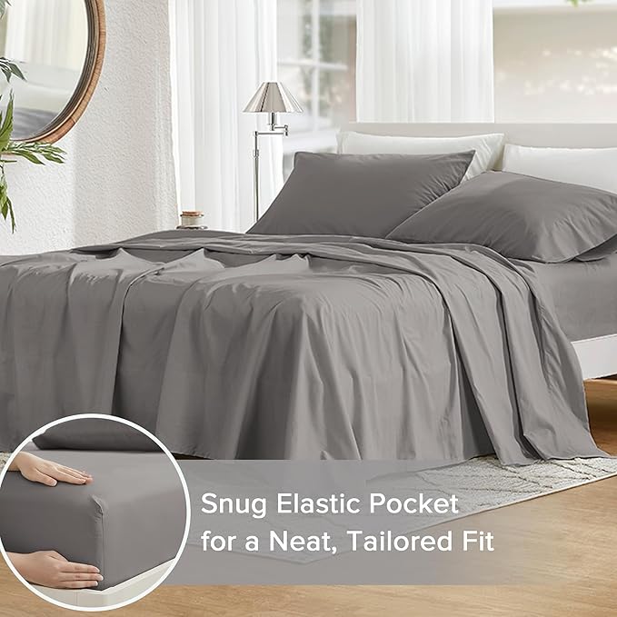 Comfort Spaces 100% Cotton Sheets Twin XL, Breathable, Soft Cotton Sheets, Naturally Cool Cotton Bed Sheets with 12" Elastic Pocket Fits up to 14" Mattress, All Season Sheet Set, Dark Gray 3 Piece