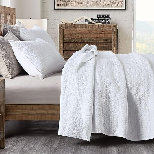 HORIMOTE HOME Quilt Set Twin Size White, Classic Geometric Spots Stitched Pattern, Stone-Washed Microfiber Chic Rustic Look, Ultra Soft Lightweight Quilted Bedspread for All Season, 2 Pieces
