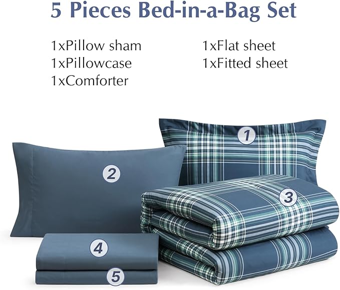 Plaid Twin XL Comforter Set, Midnight Blue Bedding Set 5 Pieces for Boys Girls Teen, Classic Farmhouse Bed in a Bag for Dorm with Sheets, Pillowcase & Sham