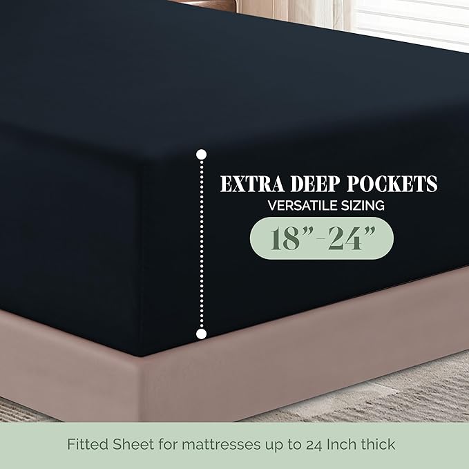 Elegant Comfort Luxurious 1500 Premium Hotel Quality Microfiber 4-Piece Sheet Set, 18-24 Inches Deep - Extra Deep Pocket Sheets - Ultra Soft 4PC Deep Pocket Sheets, Full, Black