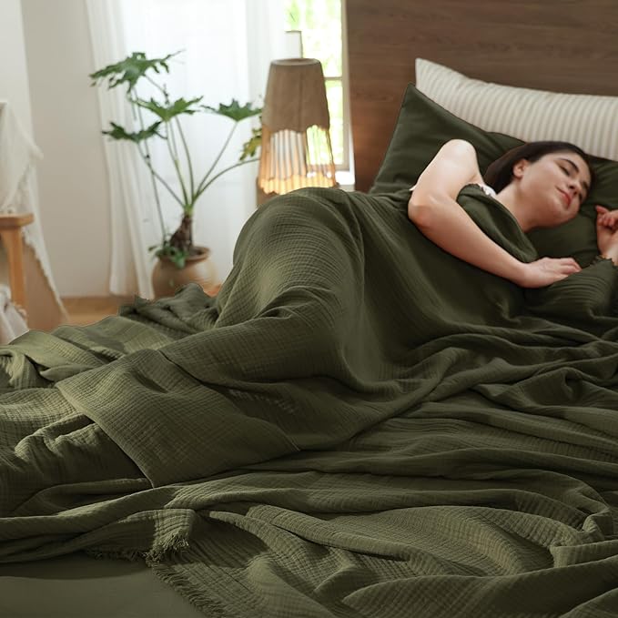 MooMee Muslin Blanket - 100% Cotton 4-Layer Gauze Throw Blanket with Tassels Ultra-Soft Breathable Lightweight Cooling for Bed Couch (Olive Green,Oversizedd Queen 98" x 98")
