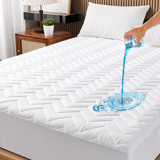 Cal King Size Waterproof Mattress Protector Quilted, Breathable Ultra-Soft Filling Mattress Pad, Fitted Deep Pocket Mattress Cover Fits 6''-25'' Mattress White