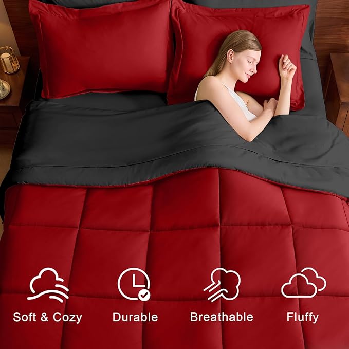 FUANNA Twin Comforter Set 5 Pieces, Reversible Twin Size Bed in a Bag with All Season Premium Comforter, Bed Sets Includes Comforter, Flat Sheet, Fitted Sheet, Pillowcase & Pillow Sham, Red & Black