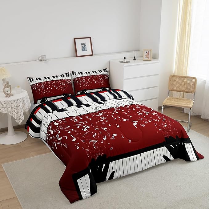 Erosebridal Music Notes Comforter Set for Kids Boys Teens Men Piano Keys Down Comforter Full Size Rock Musical Bedding Set Play Piano Duvet Sets Music Bedroom Decor with 2 Pillow Cases Red Black