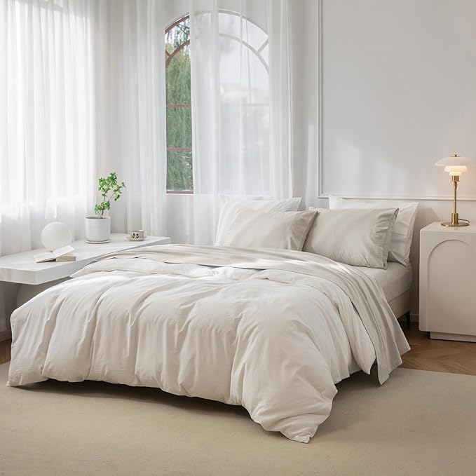 JIYUAN 100% Washed Cotton Sheet Set 3 Pieces Twin,1 Fitted Sheet,1 Flat Sheet and 1 Pillowcase, Comfy and Breathable Linen Like Bedding Set,Heathered Cream Grey