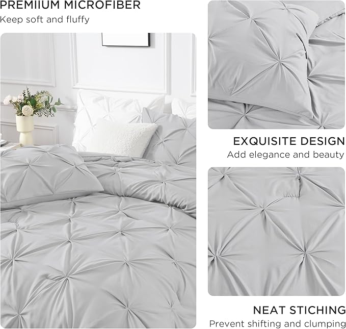 Andency Light Grey Pinch Pleat Comforter Full(79x90Inch), 3 Pieces(1 Down Alternative Comforter and 2 Pillowcases) Grey Bed Set Microfiber Pintuck Bedding Set