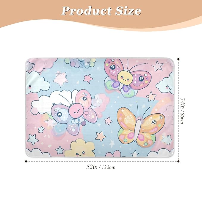 Waterproof Bed Pad Reusable Changing Pad Toddler Mattress Protector Large Pee Pad Baby Diaper Pad Soft Washable Liner Pink Butterfly Cloud