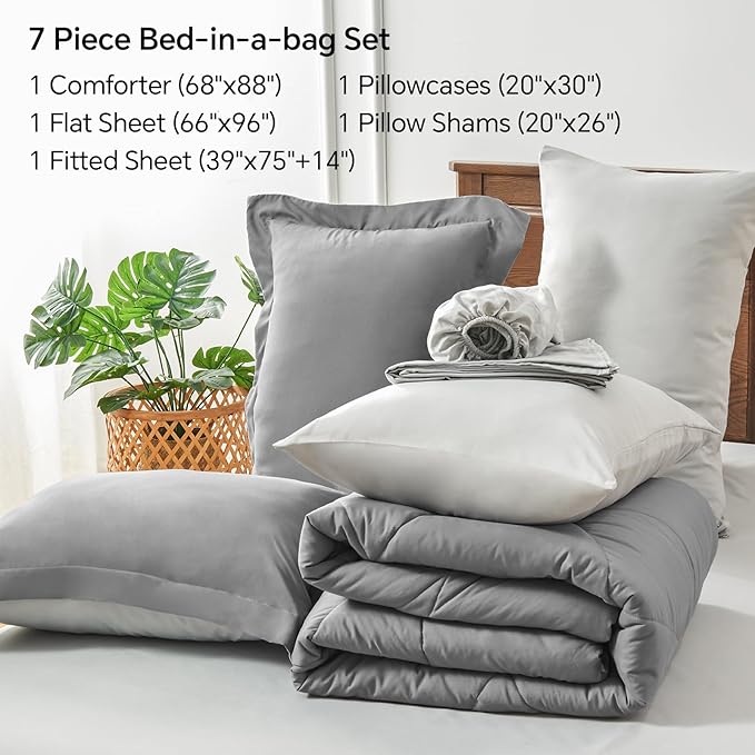 BEDELITE Twin Comforter Set 5 Pieces Bed in A Bag - Soft Microfiber Reversible Grey Bed Set with Comforters, Sheets, Pillowcase & Sham, Cozy Luxury Bedding Sets for All Season