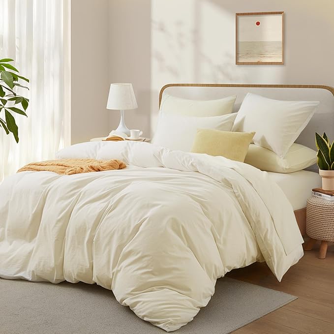 Cream White Cotton Duvet Cover King Size, Linen-Like Natural Bedding Set with Zipper Closure (No Comforter), King Size, Duvet Cover (104"x90") x 1, Pillowshams(20"x36") x 2
