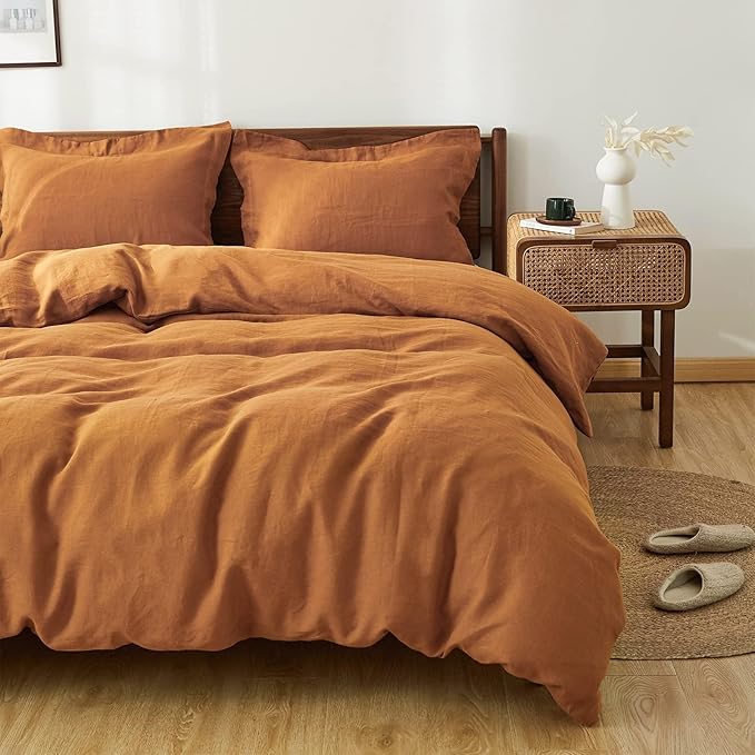 Simple&Opulence 100% Linen Duvet Cover Set 2pcs Natural French Basic Style Washed Flax Solid Color Breathable Soft Farmhouse Bedding with Button Closure (Rust, Twin)