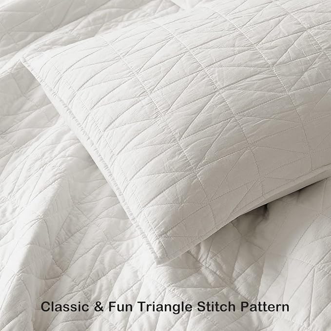 HORIMOTE HOME Quilt Set Twin Size, Stone-Washed Chic Rustic Cream White Coverlet with Classic Triangle Stitched Pattern, Ultra Soft Lightweight Quilted Bedspread for All Season, 2 Pieces