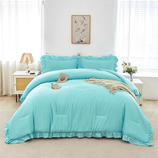 ANGIYUIN 5Pcs Queen Size Ruffled Comforter Sets Aqua Blue Ruffle Bedding Sets Farmhouse Bed Sets Solid Elegance Bed in A Bag for Girls Women（Aqua Blue Queen）