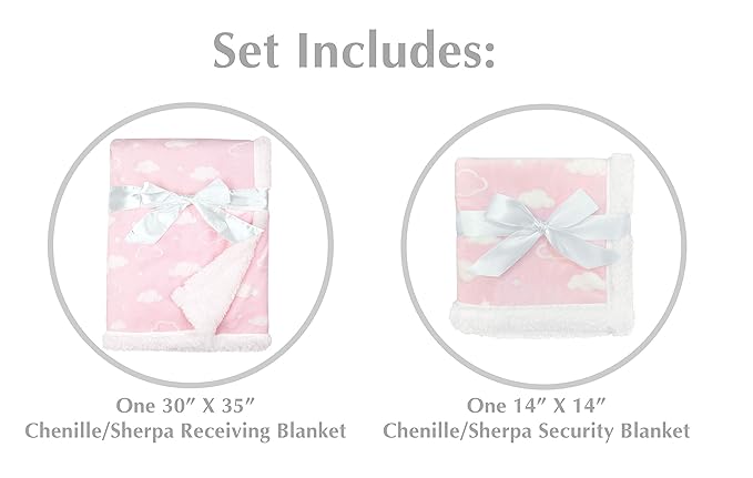American Baby Company Heavenly Soft Chenille Sherpa Blanket Set, Receiving Blanket (30" x 35") & Security Blanket (14" x 14"), 3D Pink Cloud, for Girls