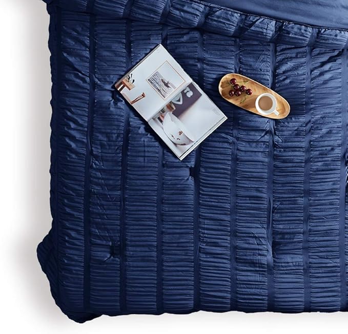 SLEEP ZONE Luxury Seersucker Queen Comforter Set 3-Piece, Soft & Lightweight Down Alternative Comforter Set with Pillow Sham Cooling for Summer, Navy