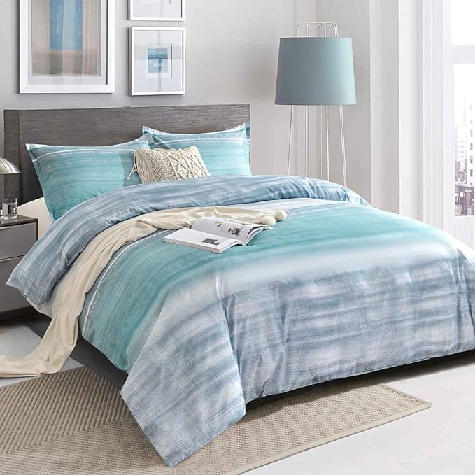 Faincy 7 Pcs King Size Comforter Set with Sheets, Blue, Grey and Teal Striped Pattern Print Alternative Bed Sets - 104 x 90 Soft Microfiber Modern Abstract Bedding in a Bag for Women Men, Gray