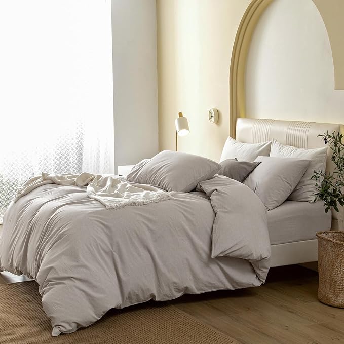 JIYUAN 100% Washed Cotton Duvet Cover Set 3 PCS Oversized Queen, 1 Duvet Cover 98"x98" (Comforter Not Included) and 2 Pillowcases,Linen Feel Bedding Set Comfy and Breathable, Heathered Cream Grey