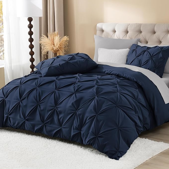 Litanika Navy Blue Pinch Pleat Duvet Cover King, 3 Pieces Pintuck Cover Soft Microfiber Bedding Set with Zipper Closure & Corner Ties(104x90Inch-1 Duvet Cover, 2 Pillowcases)