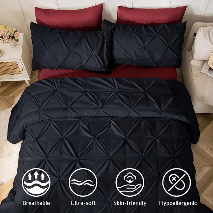 JOLLYVOGUE Full Size Comforter Sets 7 Pieces - Bed in a Bag Full for All Season, Pintuck Bedding Comforter Sets with Comforter, Flat Sheet, Fitted Sheet and Pillowcases & Shams, Black & Burgundy