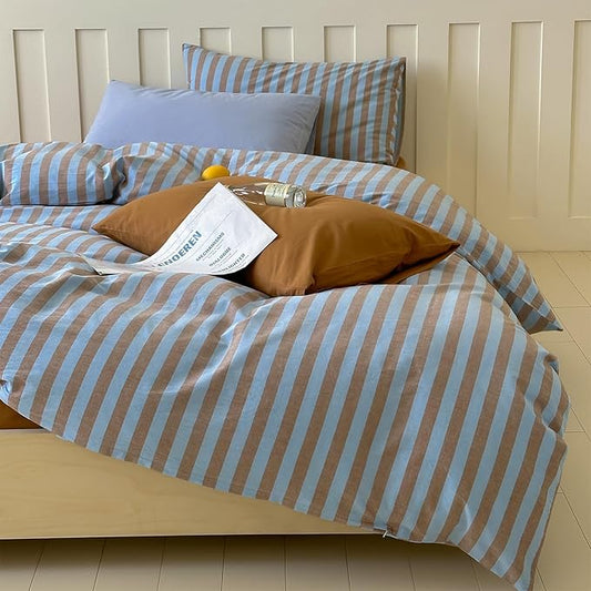 LifeTB Vintage Striped Comforter Set King, 3 Pieces Blue Brown Stripes Pattern Printed Bedding Set, Fluffy Soft Breathable Comforter Set for All Seasons, Farmhouse Striped Bedding Comforter King Size