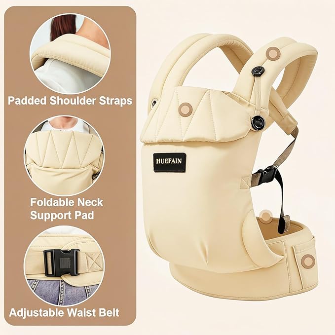 Baby Carrier (7–44 lbs), Soft Breathable Double-Shoulder Carrier with Adjustable Support, Ergonomic Design for Hip Positioning, Comfort Waist Support, Lightweight Hands-Free Baby Carrier (Beige)