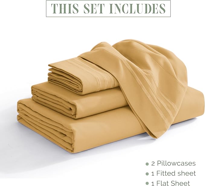 Elegant Comfort Luxurious 1500 Premium Hotel Quality Microfiber Three Line Embroidered Softest 4-Piece Bed Sheet Set, Wrinkle and Fade Resistant, Full, Camel-Gold