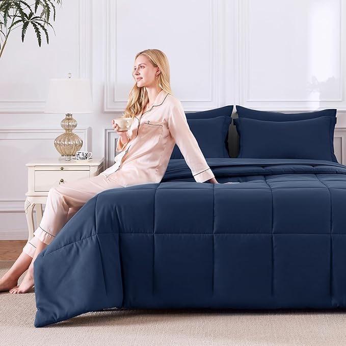 CozyLux Full Size Comforter Sets Navy Blue - 7 Pieces Bed in a Bag Full, Oeko-Tex Certified Bed Set, All Season Soft Bedding Set with Down Alternative Comforter, Sheets, Pillowcases & Pillow Shams