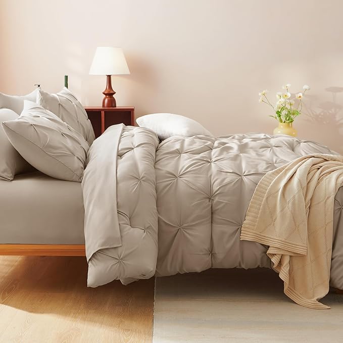 CozyLux King Size Comforter Set Wheat, 7 Pieces Pintuck Bed in A Bag Wheat Comforter King Size, Pinch Pleat Bedding Set with All Season Comforter, Sheets, Pillowcases & Shams
