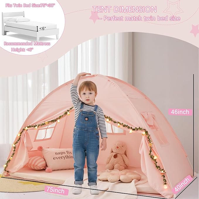 Akiky Bed Tent Bed Canopy Twin Size with Bottom,Kids Tent Indoor Floor Bed with Mushroom Lights Portable Foldable Bunk Bed Curtains for Girls Boys(Pink,Twin)