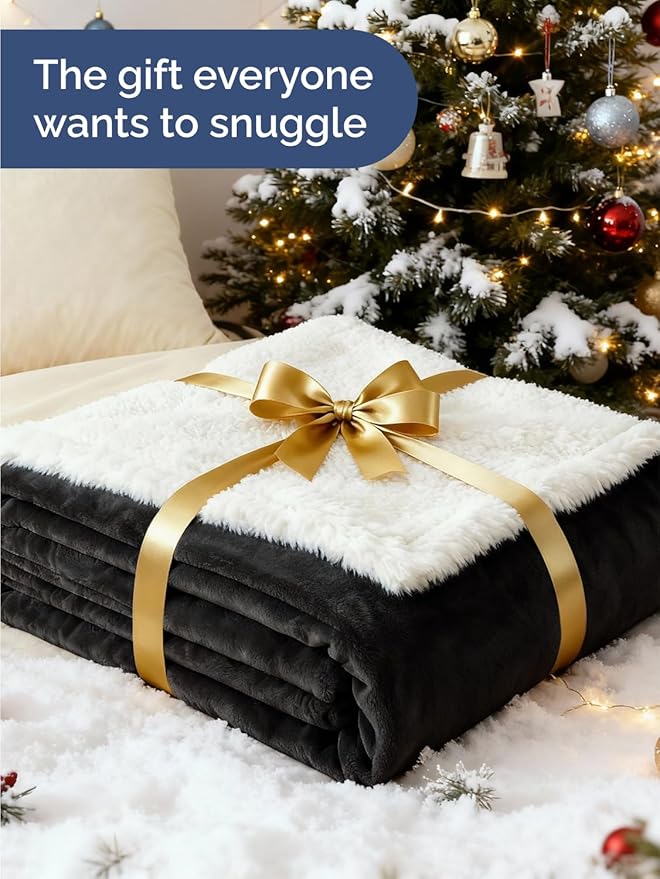 Sherpa Fleece Blanket Queen Size - Reversible Sherpa Fleece Queen Blanket - Super Soft Double Sided for Bed, Sofa, Couch - Thick, Warm, Fuzzy & Plush - Luxurious Bedding for Winter - Black, 90" x 90"