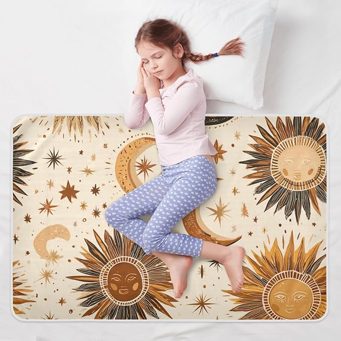 Waterproof Bed Pad Reusable Changing Pad Toddler Mattress Protector Large Pee Pad Baby Diaper Pad Soft Washable Liner Brown Boho Sun Moon