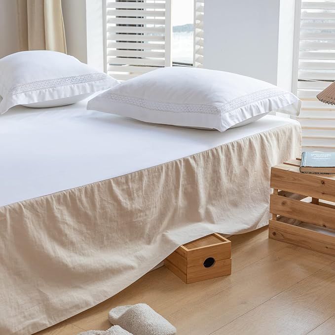 BISELINA French Linen Bed Skirt with Pleated Corner 14-Inch Tailored Drop Natural Flax Cotton Blend Basic Dust Ruffle Soft Cozy Farmhouse Bedding (14" King, Basic Linen)