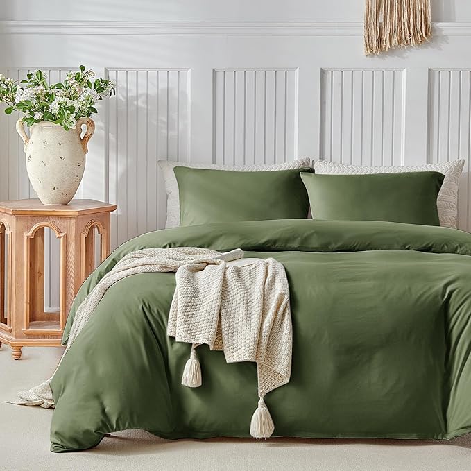 Lekesky King Size Duvet Cover Set, Olive Green Duvet Cover, Ultra-Soft Microfiber 3 Pieces Comforter Cover with Zipper and Corner Ties, Includes 2 Pillowcases 20"x36"