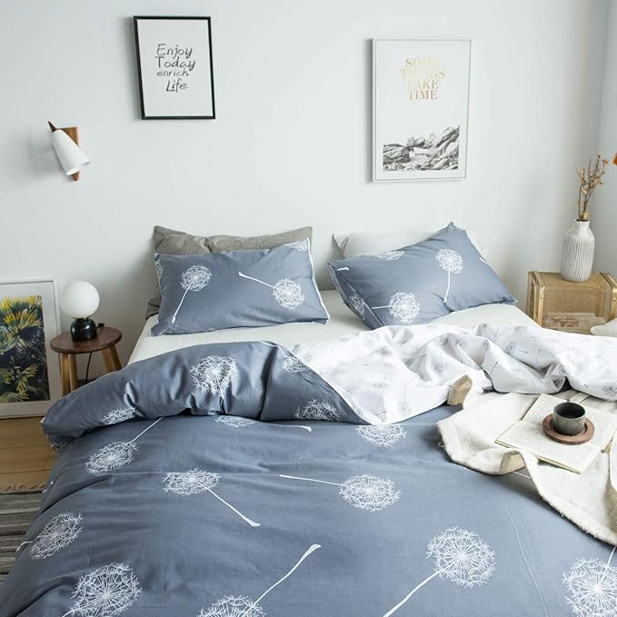 YuHeGuoJi Dandelion Flower Duvet Cover King 100% Cotton 3 Pcs Set 1 Countryside White Grey Floral Duvet Cover with Zipper Ties 2 Pillowcases Farmhouse Reversible Botanical Bedding Set Soft