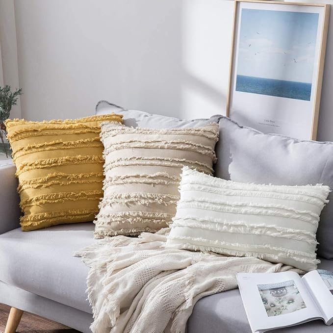 MIULEE Set of 2 Decorative Boho Throw Pillow Covers Spring Linen Striped Jacquard Pattern Cushion Covers for Sofa Couch Living Room Bedroom 12x20 Inch Beige