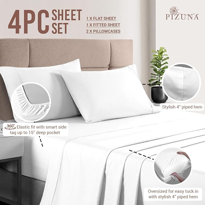 Pizuna 400 Thread Count Queen Cotton Bed Sheets Set, Long-Staple Cotton Sheet Sets Queen Size, Cooling 4 Piece Hotel Luxury Bedding Set with 15" Deep Pocket Fitted Sheet (Queen, White)