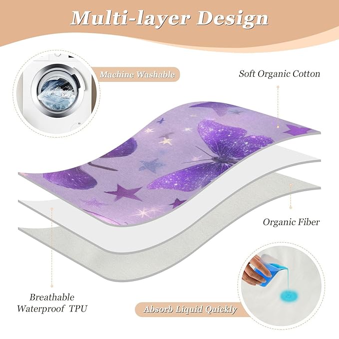 Waterproof Bed Pad Reusable Changing Pad Toddler Mattress Protector Large Pee Pad Baby Diaper Pad Soft Washable Liner Purple Dreamy Butterflies and Stars