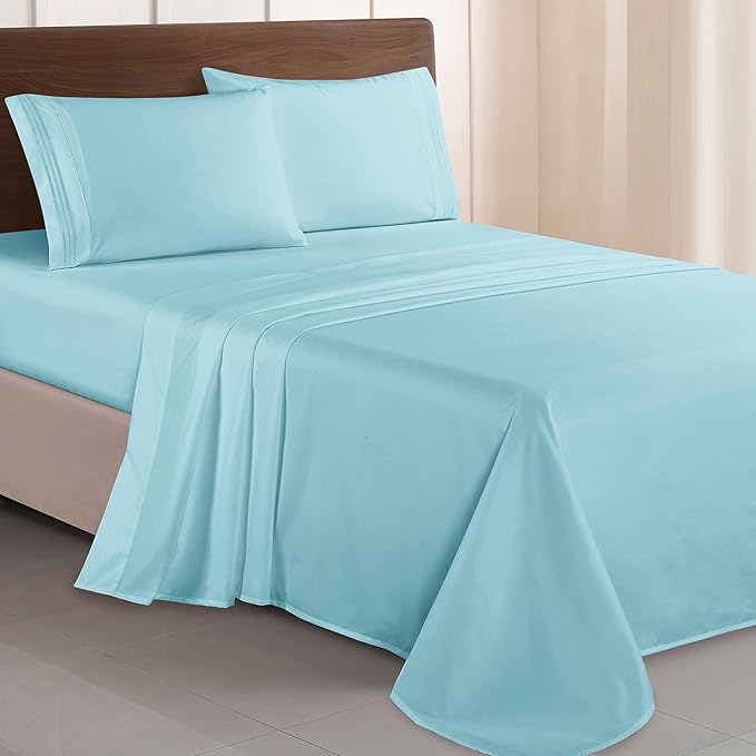 Elegant Comfort Luxurious 1500 Premium Hotel Quality Microfiber Three Line Embroidered Softest 4-Piece Bed Sheet Set, Wrinkle and Fade Resistant, Queen, Aqua Blue