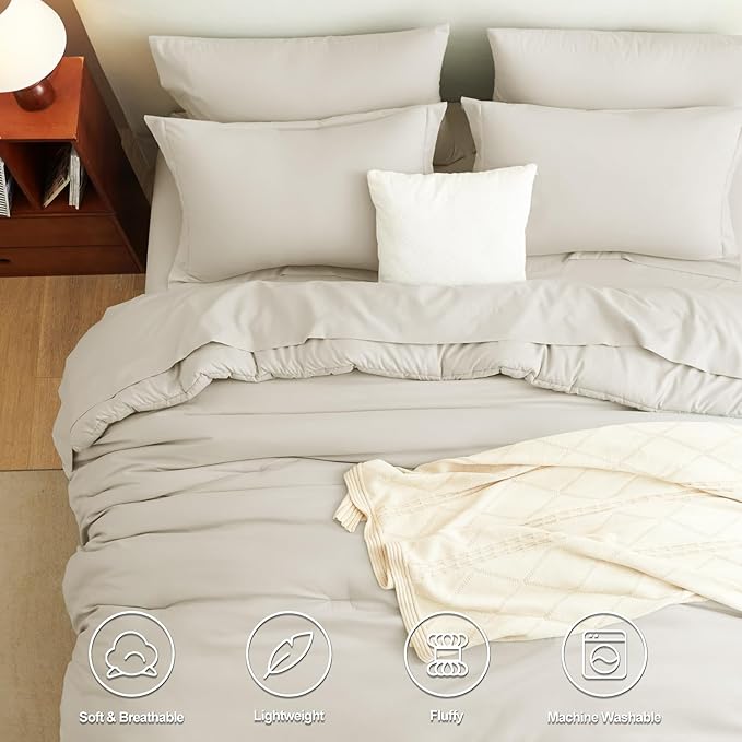CozyLux Full Comforter Set Beige, 7 Pieces Bed in a Bag Soft Bedding Comforter Set with Sheets, All Season Boho 7PC Bed Sets with Comforter, Fitted Sheets, Flat Sheets, Pillow Shams and Pillowcases