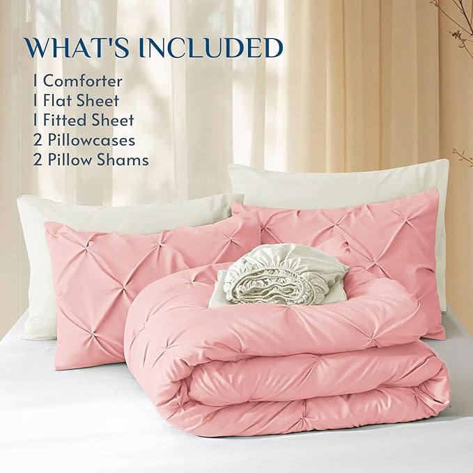JOLLYVOGUE Twin Comforter Set 7 Pieces - Bed in a Bag Twin for All Season, Pintuck Bedding Comforter Sets with Comforter, Flat Sheet, Fitted Sheet and Pillowcases & Shams, Pink & Ivory
