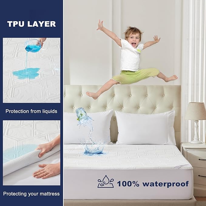 FELTYBED Waterproof Queen Size Mattress Protector, 3D Air Fabric Soft Breathable Bed Cover, Mattress Cover Fitted 6"-15" Deep Pocket, Noiseless Washable
