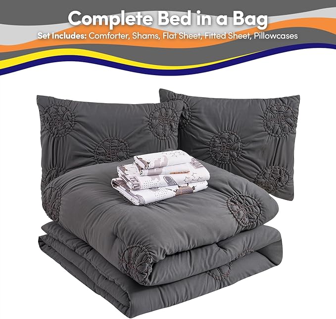 Basketball Pintuck Comforter Set Full Size – Bed in a Bag with Sheets, Pillowcases & Shams – Soft Stylish Sports Bedding – All Season Boys Basketball Bed Set