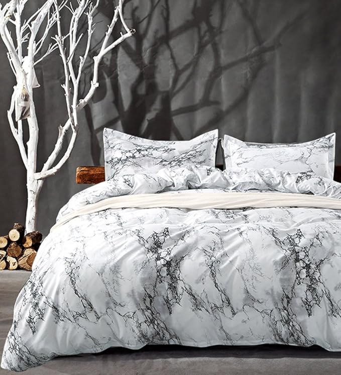 Nanko King Bedding Duvet Cover Set White and Black Marble Printed 3 Piece - 1000 -TC Luxury Microfiber Down Comforter Quilt Covers with Zipper Closure, Ties - Organic Modern Style for Men and Women