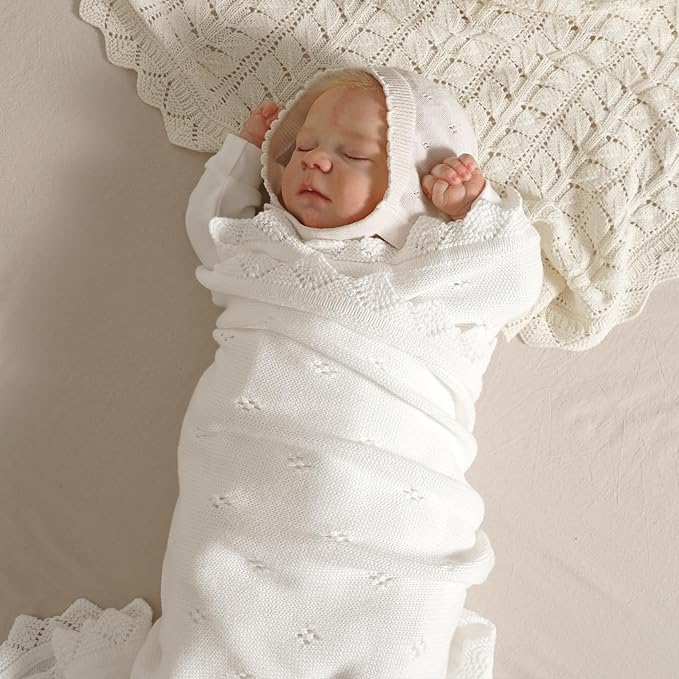mimixiong Cotton Baby Blanket Knitted Crochet Receiving Crib Nursery Swaddling Blankets for Newborn Baby Boy Girl Off White 30x40 Inch