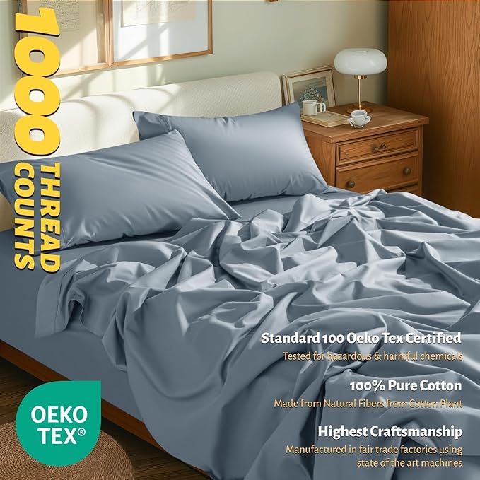 Shilucheng 100% Egyptian Cotton King Size Sheets Set - 1000 Thread Count，Luxury Cotton Bed Sheets，Breathable & Cooling Bedding and Pillow Cases, 16 Inch Deep Pocket - 4 Piece (French Blue, King)