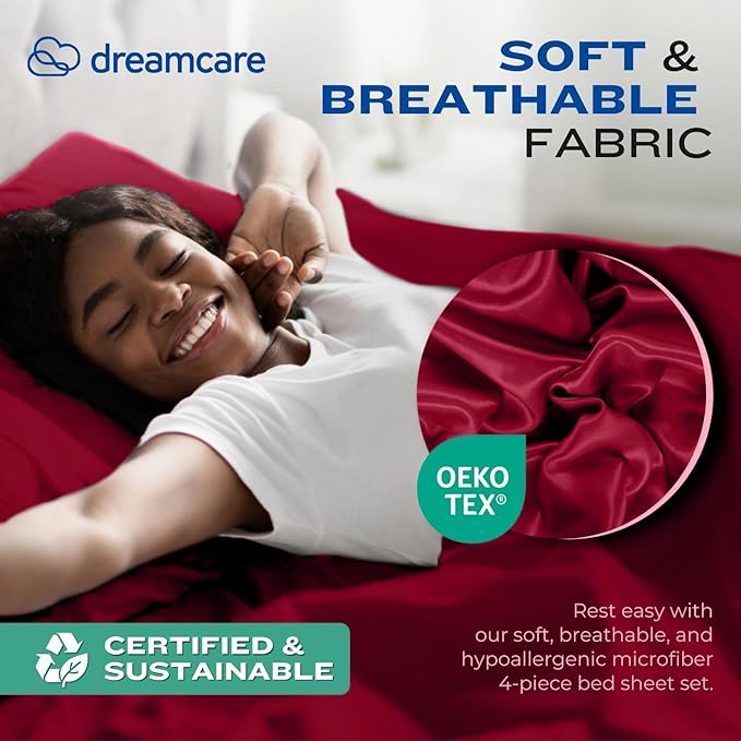 DREAMCARE King Size Sheets Set – 4 pcs Cooling Sheets – up to 21” Deep Pocket King Sheet Set – Hotel Luxury Sheets & Pillowcases – Superior Softness 100% Fine Microfiber with Side Pocket – Burgundy