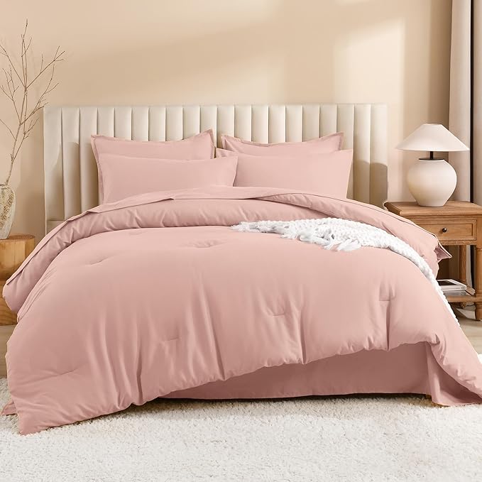 Litanika Comforter King Size Set Blush Pink - 7 Pieces Bed in a Bag King Bedding Comforter Sets, Plain Lightweight Bed Set with Comforter, Sheets, Pillowcases & Shams