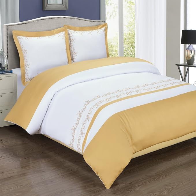 Royal Hotel Bedding Gold and White Amalia 4 Piece Full/Queen Embriodered Comforter Set 100% Cotton 300 Thread Count by Royal Hotel