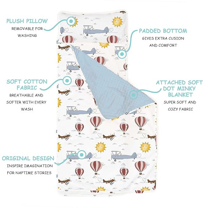 JumpOff Jo Extra Long Nap Mat for Kids - Cozy Kids Rest Mat with Removable Pillow and Ultra Soft Blanket for Preschool, Daycare, and Sleepovers - Travel, Take Flight