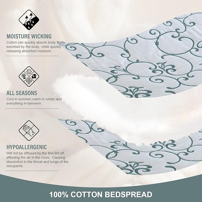 Oversized Queen Bedspread 120"x102" - 100% Cotton Extra Large Quilt, Embroidered Bedspread Coverlet with Pillow Shams, Lightweight Quilted Bedding Set 3 Piece, Aqua Blue/White
