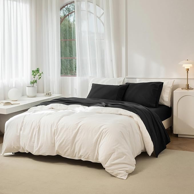 JIYUAN 100% Washed Cotton Sheet Set 4 Pieces King,1 Fitted Sheet,1 Flat Sheet and 2 Pillowcases,Comfy and Breathable Linen Like Bedding Set,Black